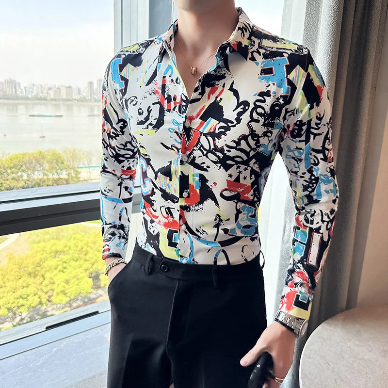 Camisa Coreana Estampada Masculina, Manga Comprida, Fina, Vestido, Festa, Negócios, Social, Boutique, Luxo, Primavera, Outono, 6XL