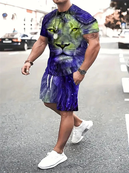 Camiseta e calções com estampa besta leão masculina, impressão 3D de bloqueio colorido, fato esportivo gola o, rua casual, verão, novo