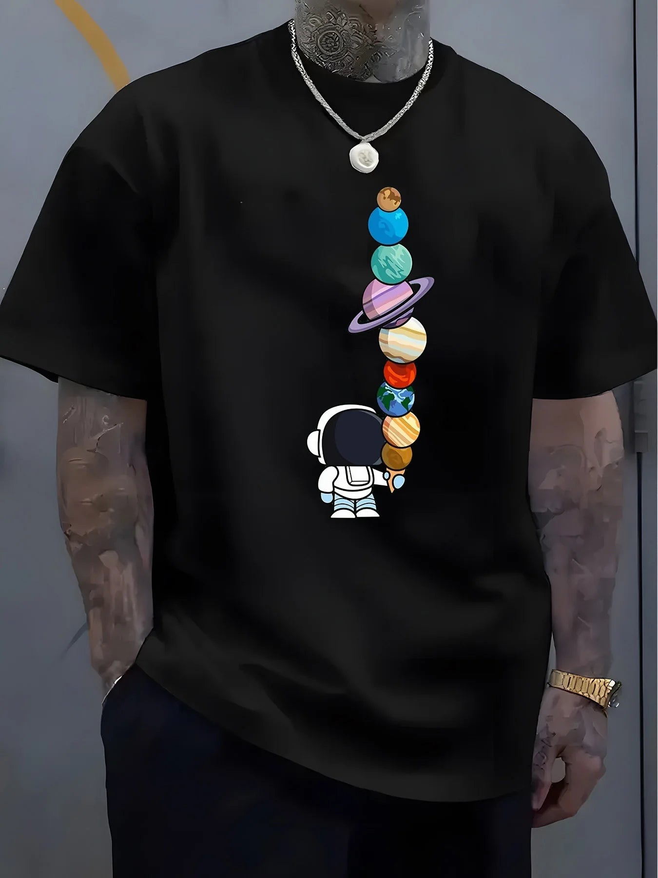 Verão masculino 100% algodão moda casual solto poliéster astronauta planeta padrão impresso em torno do pescoço manga curta camiseta topo