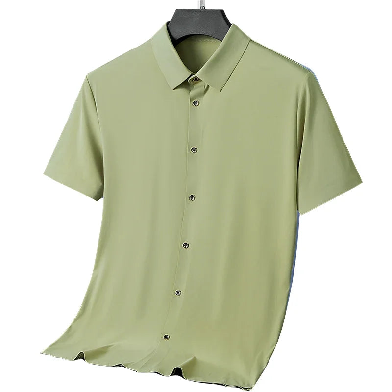 Nova alta qualidade de seda gelo negócios masculinos casual camisa de manga curta verão ultra-fino respirável esportes ao ar livre cor sólida topo