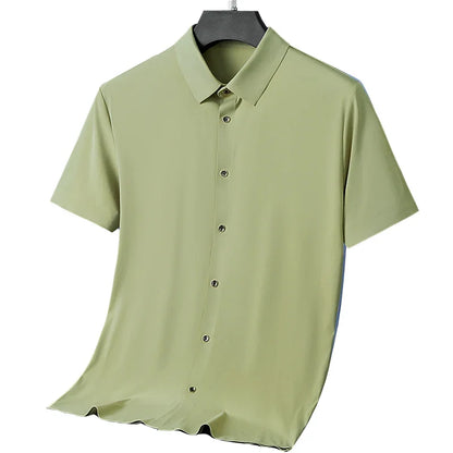 Nova alta qualidade de seda gelo negócios masculinos casual camisa de manga curta verão ultra-fino respirável esportes ao ar livre cor sólida topo