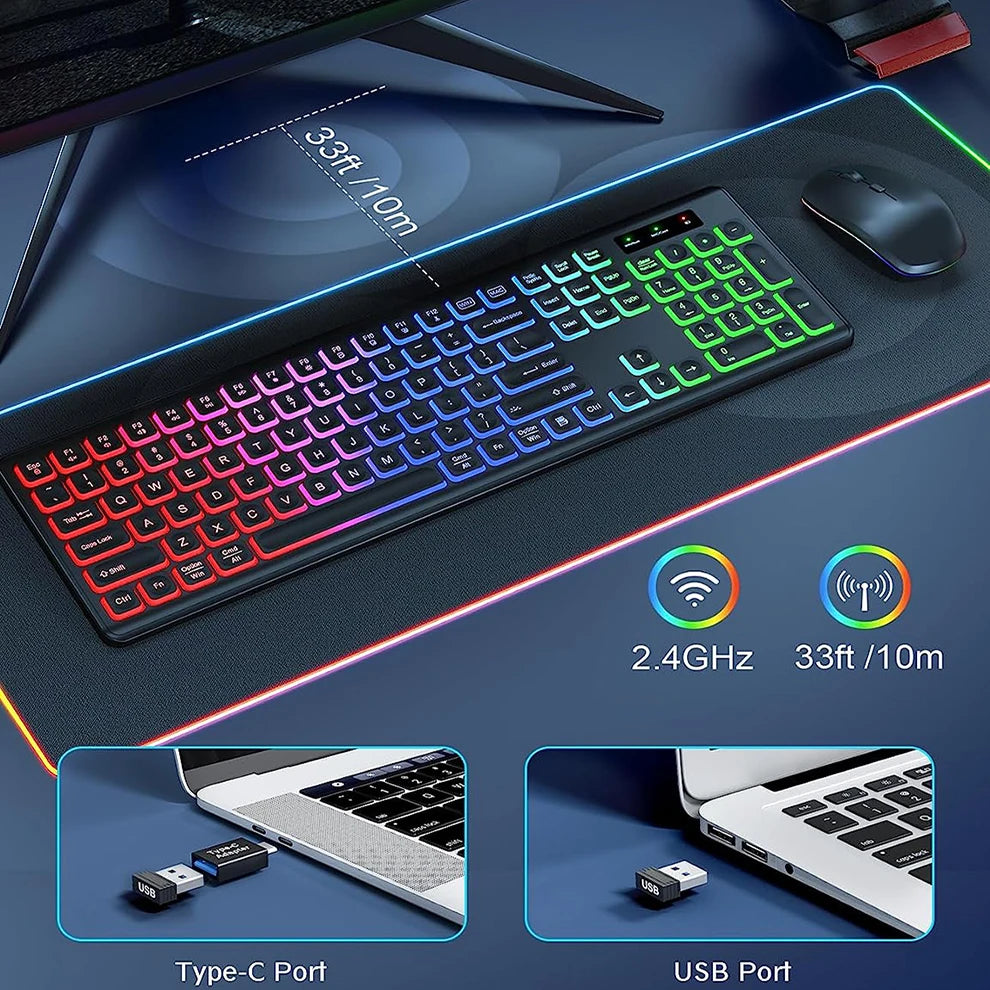 Combo de Teclado e Mouse sem Fio, 2.4G, RGB, Retroiluminado, Recarregável, Tamanho Grande, Ergonômico, Tipo-C