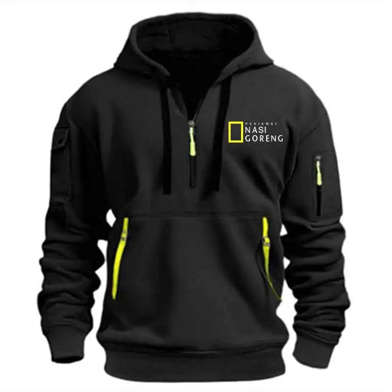 2025 meio zíper impressão hoodie masculino multi-bolso casual esportes manga longa com capuz moletom diário moda fitness pulôver