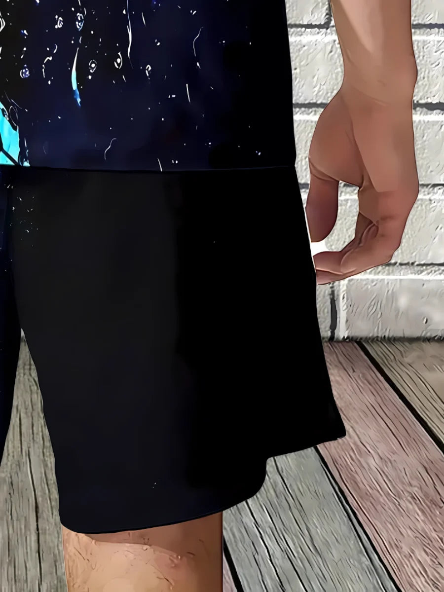 Camiseta masculina de verão com estampa de desenho animado, camiseta leve respirável de poliéster para homens, conjunto de shorts de manga curta