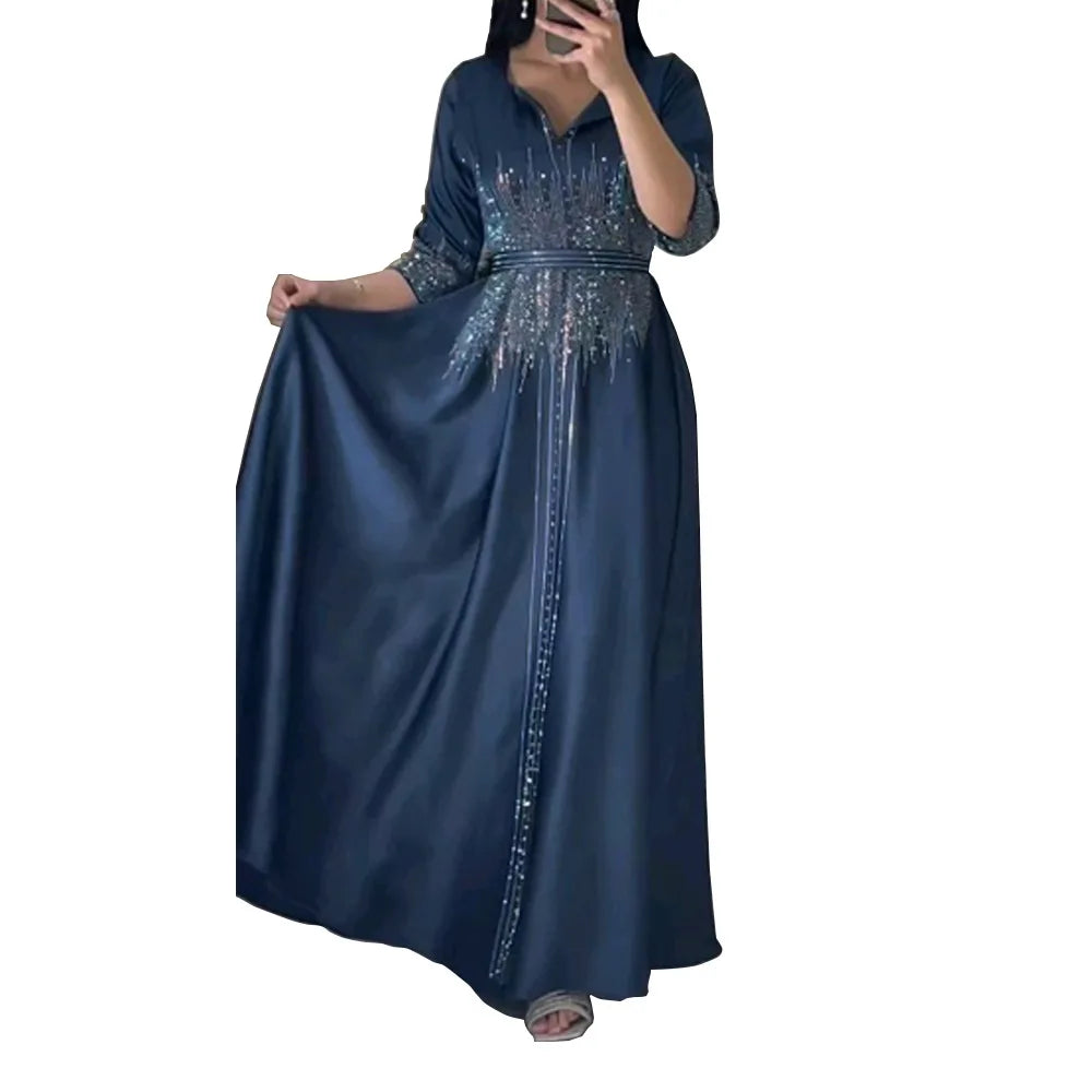 Vestido muçulmano de cetim para mulheres, Abaya Dubai, roupão de jantar, roupas diamantadas, moda