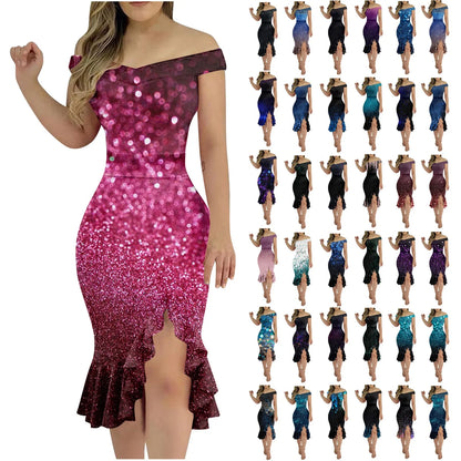 Vestido de festa feminino na altura do joelho, sexy fora do ombro, plissado dividido, bodycon monocromático, glitter, vestidos elegantes, moda feminina