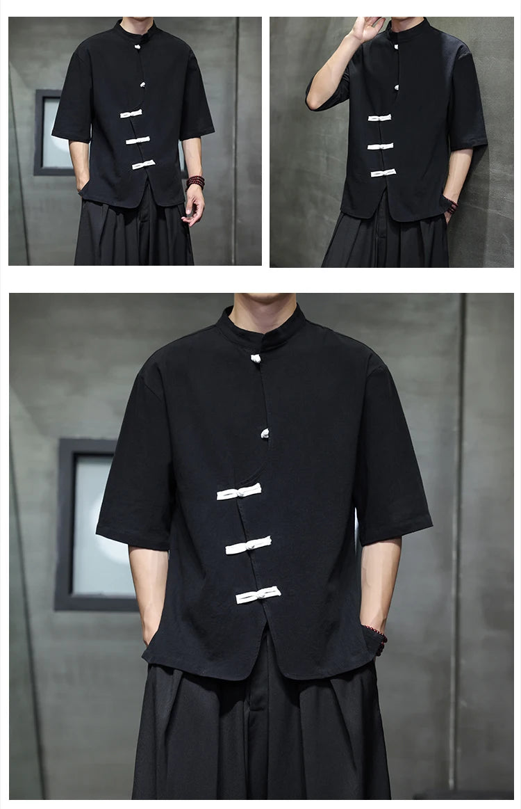 Camisa de linho de algodão masculina verão luz fina manga curta topo streetwear solto oversize casual estilo chinês camisa tang terno hanfu
