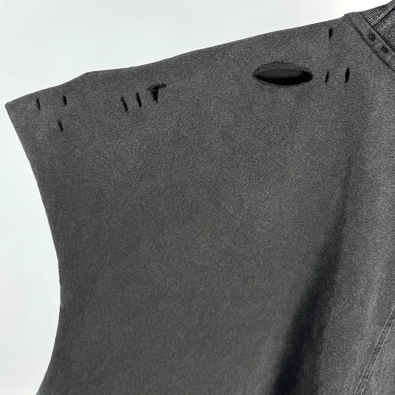 Crânio vermelho impressão de dedo buraco danificado saint tanque t das mulheres dos homens streetwear colete de grandes dimensões vintage washe preto sem mangas t camisa