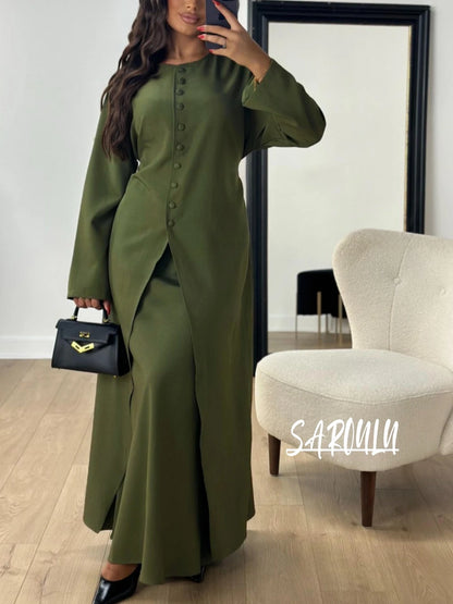 Muçulmano o pescoço kaftan cetim vestido de noite simples 2 peças robe modesto abaya feminino caftan nova chegada formal festa botões vestido