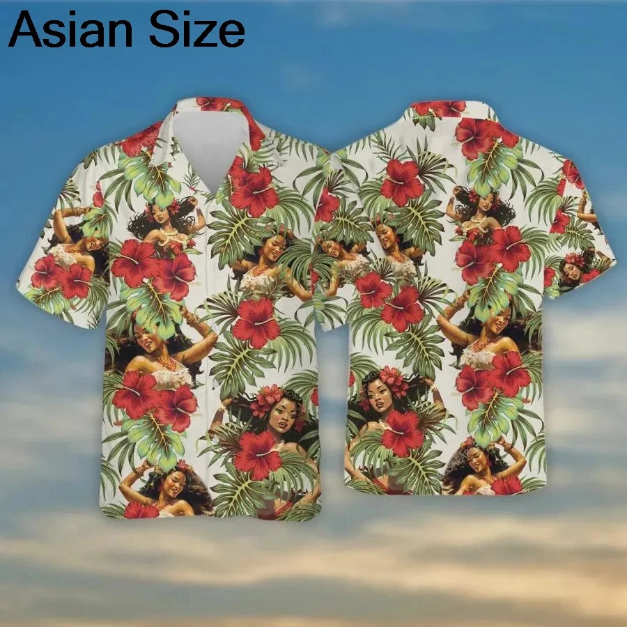 Camisas Hula Girl Aloha, camisas havaianas amarelas Hula Girl Beach, manga curta retrô, camisas unissex de verão Aloha Beach, tops femininos