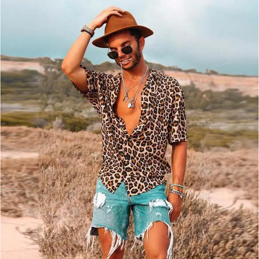 2024 tendência da moda 3d leopardo impressão camisas masculinas havaianas soltas roupas respiráveis hip hop streetwear