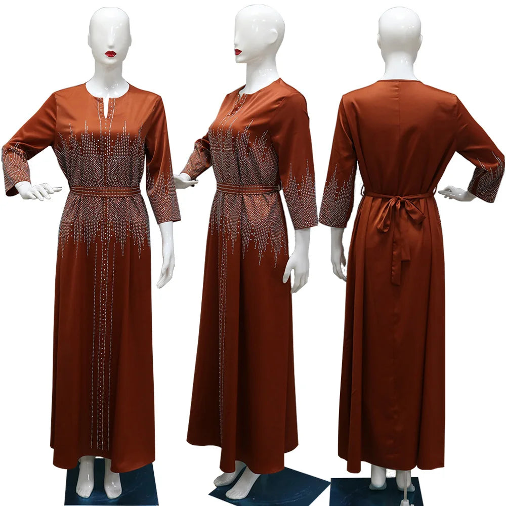 Vestido muçulmano de cetim para mulheres, Abaya Dubai, roupão de jantar, roupas diamantadas, moda