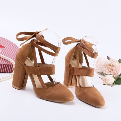 [Elegant Sandals] Elegant High Heel Sandals | Women's - Solid Color Fabric Upper, Round Toe, Lace-Up Ankle Strap, Block Heel, Rubber Sole, Man-Made Insole & Inner Material