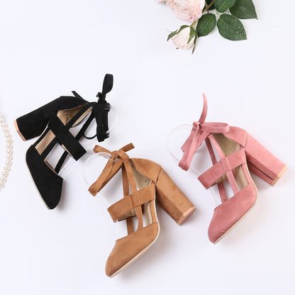 [Elegant Sandals] Elegant High Heel Sandals | Women's - Solid Color Fabric Upper, Round Toe, Lace-Up Ankle Strap, Block Heel, Rubber Sole, Man-Made Insole & Inner Material