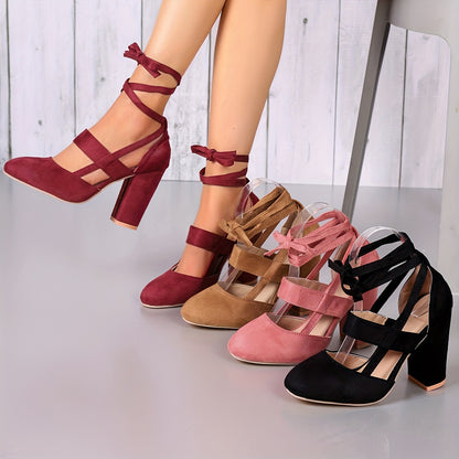 [Elegant Sandals] Elegant High Heel Sandals | Women's - Solid Color Fabric Upper, Round Toe, Lace-Up Ankle Strap, Block Heel, Rubber Sole, Man-Made Insole & Inner Material