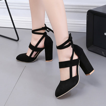 [Elegant Sandals] Elegant High Heel Sandals | Women's - Solid Color Fabric Upper, Round Toe, Lace-Up Ankle Strap, Block Heel, Rubber Sole, Man-Made Insole & Inner Material