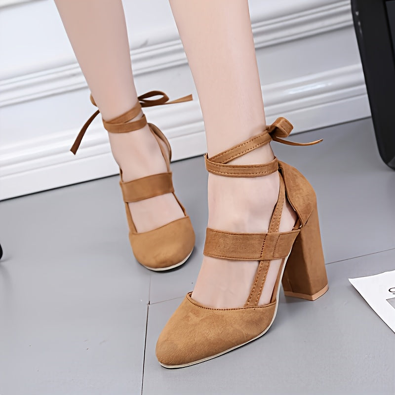 [Elegant Sandals] Elegant High Heel Sandals | Women's - Solid Color Fabric Upper, Round Toe, Lace-Up Ankle Strap, Block Heel, Rubber Sole, Man-Made Insole & Inner Material